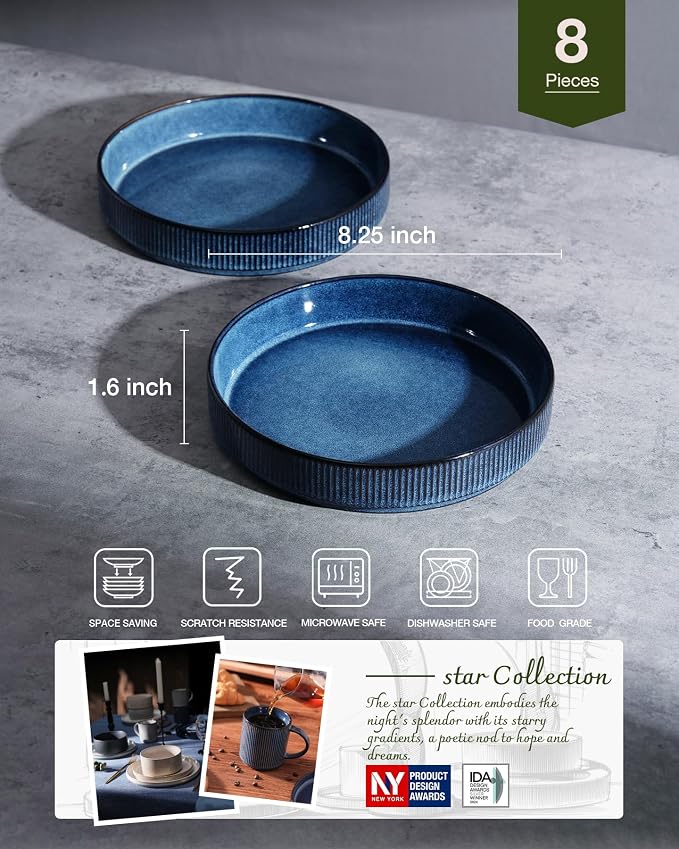 famiware Star 8.25" Pasta Bowls Set of 8, Bowl Plates, Nebulas Blue | Microwave - Image 2