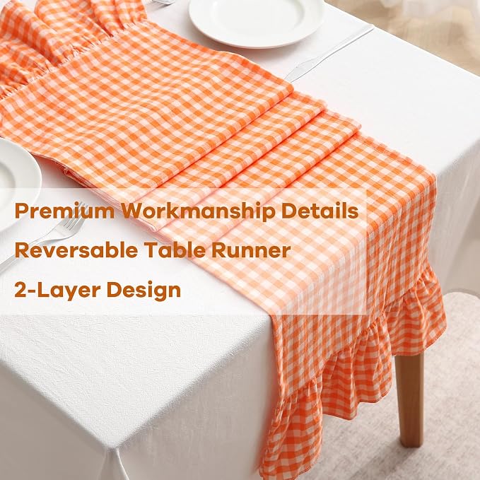 Orange White Plaid Gingham Ruffle Table Runner 90 inches Long 100% Washed - Image 5