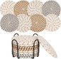 8 Pcs Drink Coasters with Holder, Handwoven Cotton Coasters Set Stackable Absorbent Minimalist Home Decor for Table, Cup, Mug (Thread)