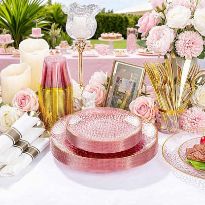 Rubtlamp 700Pcs Pink Gold Plastic Plates, Fancy Hammer Party Plate, Pink Plastic Dinnerware Set Include 100 Dinner Plates,100Salad Plates,100Cups,100Pre Rolled Gold plastic Silverware for Party