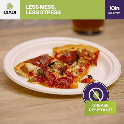 CIAO! 10" Heavy Duty Plate 100% Compostable PFAS Free Unbleached Bagasse Natural White (Pack of 500)