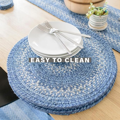 Homespice Denim Jute Braided Placemats, Country Coastal Decor, Set of 4, Blue 13x19 Oval Table Mats - Vibrant Colors, Durable, Easy to Clean and Protects Furniture