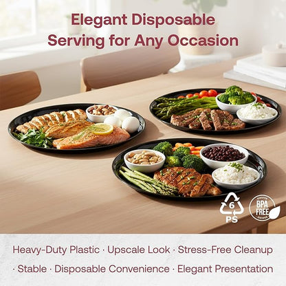 Smarty Had A Party 16 Inch Black Round Plastic Serving Tray – Heavy-Duty Plastic Serving Trays for Catering, Parties & Buffets, Elegant Disposable Black Serving Platters – 25-Pack