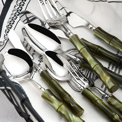 20 Piece Silverware Set Service for 4,Premium Bamboo Acrylic Handle Flatware Set Home Include Fork Knife Spoon Set Package for Christmas and Thanksgiving（Green）