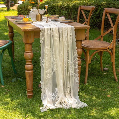 vctops Beige Lace Table Runner 120 inch 10FT Floral Embroidered Boho Farmhouse - Image 2