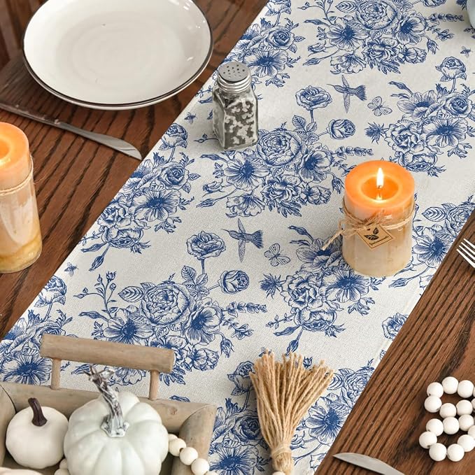 Artoid Mode Spring Beige Blue Floral Chinoiserie Table Runner, Seasonal Summer - Image 7