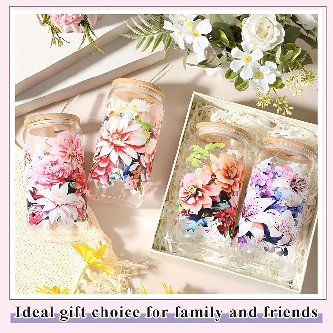 Mumufy 4 Pack Wildflower Glass Cups Gift Aesthetic Cute Glass Cup Tumbler - Image 4