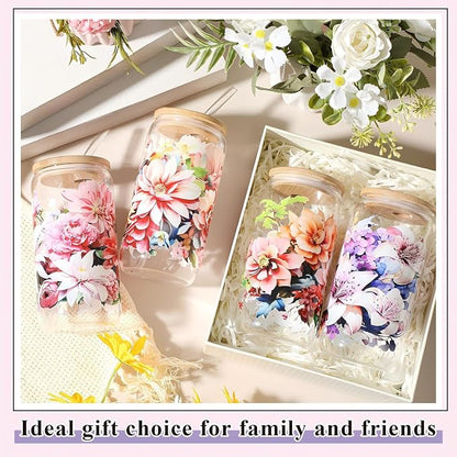 Mumufy 4 Pack Wildflower Glass Cups Gift Aesthetic Cute Glass Cup Tumbler - Image 4