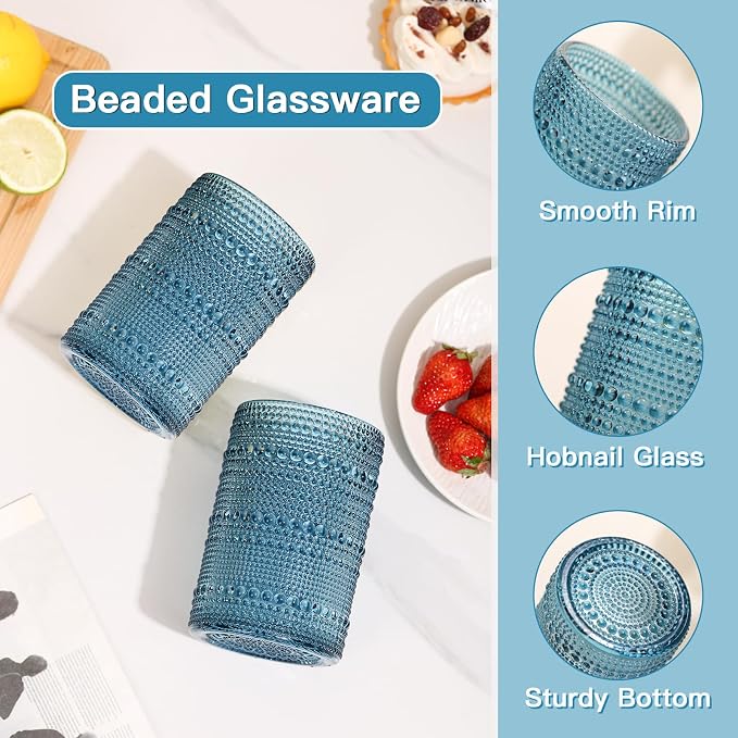 JOVGANK Blue Vintage Hobnail Drinking Glasses Set of 6, Water Tumbler 15oz - Image 4