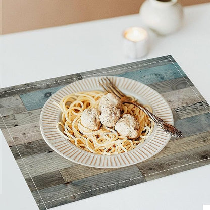 Rustic Plank Placemat Set, Vintage Old Shabby Colorful Beige Brown Blue Farmhouse Barn Wooden Board Pattern Home Decor Linen Table Mats for Dining Room Kitchen Party (17x12in) x6P