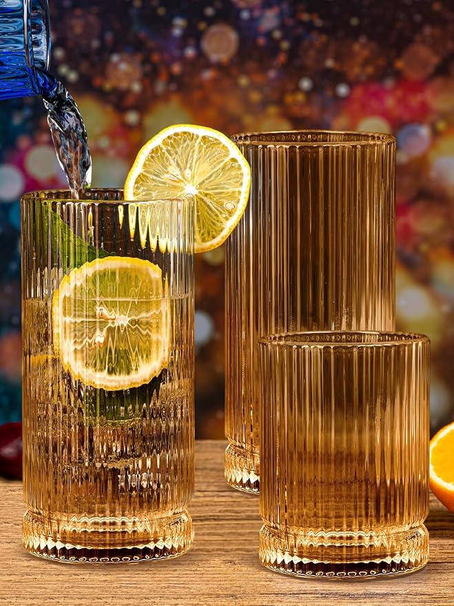 Amber Glassware Ribbed Drinking Glasses Set of 8, Vintage Glassware Set - Image 4