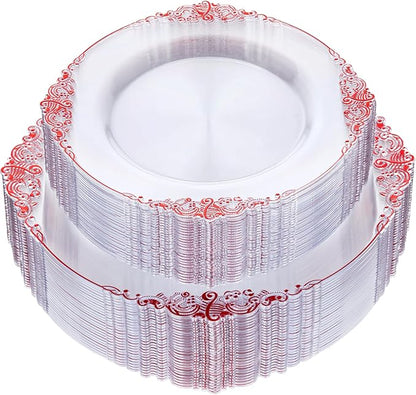 Nervure 100PCS Clear and Red Plastic Plates - Clear Red Disposable Plates Set, 50PCS 10.25" Dinner Plate & 50PCS 7.5" Dessert Plate Perfect for Wedding & Party