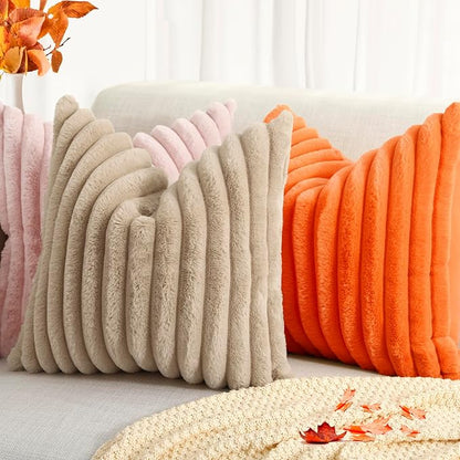 decorUhome Cozy Faux Fur Spring Throw Pillow Covers 20x20 Set of 2 Decorative Soft Plush Striped Modern Farmhouse Boho Couch Pillow Cases with Velvet Back for Sofa Bed Living Room, Orange