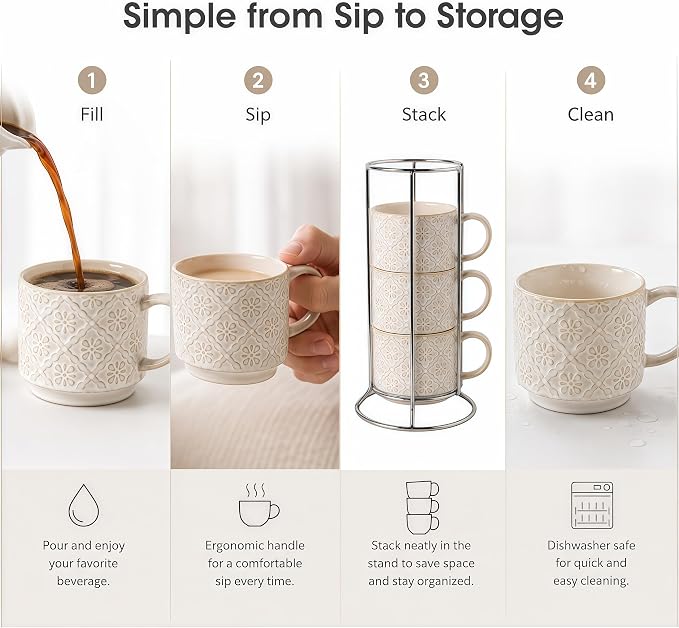6 Oz Coffee Mugs with Stand, Stackable Coffee Cups Set of 4, Ceramic Espresso - Image 4