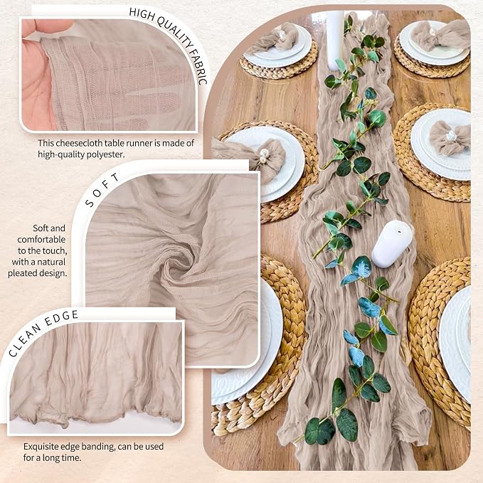 Showgeous 2 Pack Rosy Brown Cheesecloth Table Runners Boho Wedding Decor | - Image 3