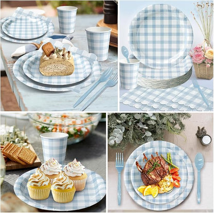 Vyntra 350 Pcs Blue Gingham Paper Plates and Napkins Set - Image 6