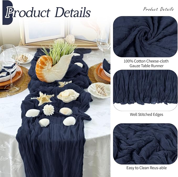 3 Pack Navy Blue Cheesecloth Table Runner 17x108 Inch Semi Sheer Boho Gauze - Image 5