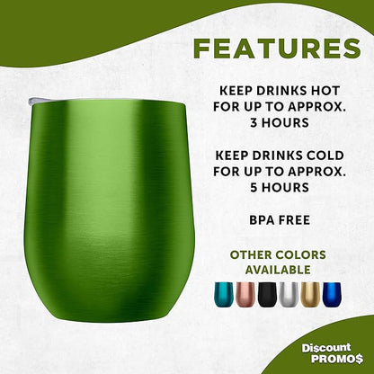 DISCOUNT PROMOS Stemless Wine Glass Tumblers with Lids by Largo 11 oz. Set of 6, Bulk Pack - Perfect for Wine, Cocktails, Other Hot & Cold Beverages - Lime Green