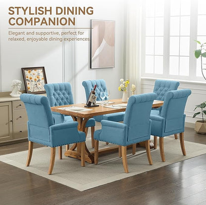 Fabric Dining Chair with Arms, Upholstered Tufted High Back Dining Room Chairs, Accent Armchair with Solid Wood Leg and Nailhead Trim, Kitchen Dining Living Room, Blue