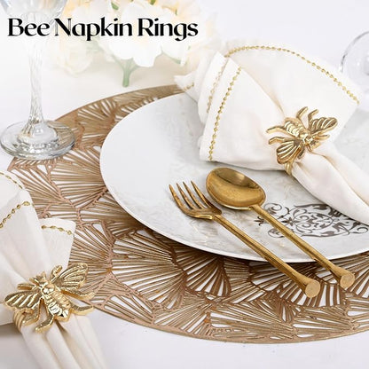 ALPHA Living HOME Decorative Bee Napkin Rings - 12 Pcs Elegant Metal Napkin Ring Modern Cloth Napkin Holders for Table Kitchen Dinner Decor Party Wedding Everyday Use (Gold)