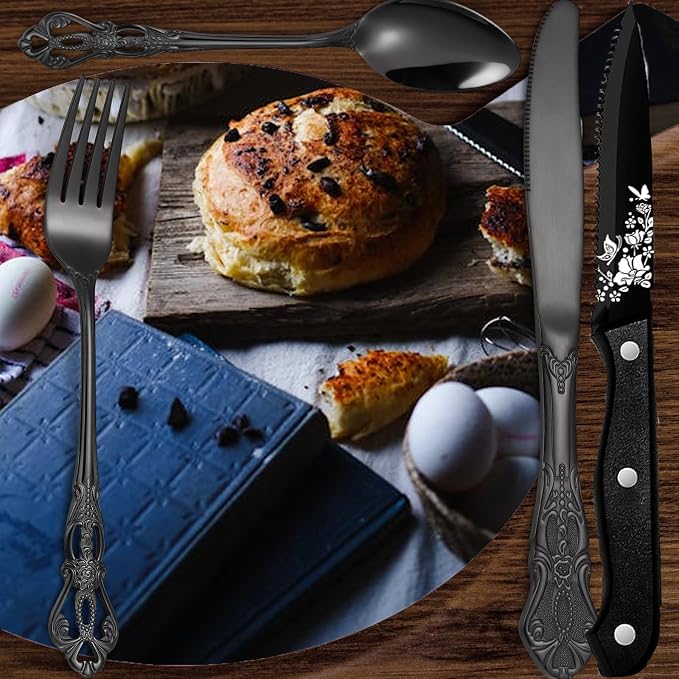 48 Pcs Gorgeous Retro Royal Black Silverware Set - Image 7