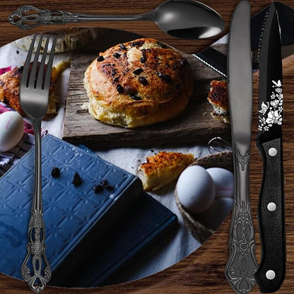 48 Pcs Gorgeous Retro Royal Black Silverware Set - Image 7
