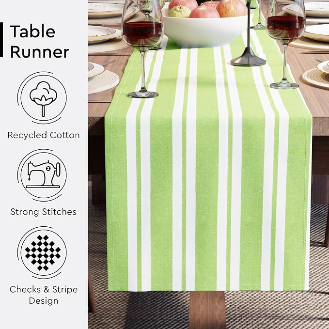 Encasa XO Table Runner, Woven Cotton Dining Runner 13"x72" Franca Lime Stripes - Image 3