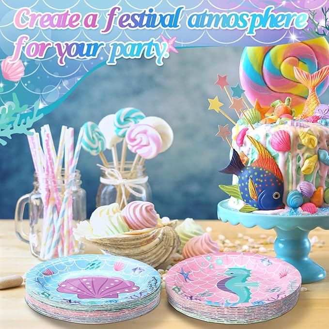 60 Pcs Mermaid Birthday Party Decor 7 Inch Mermaids Dessert Paper Plates Under the Sea Disposable Dinner Cake Plates Princess Shell Dinnerware for Ocean Baby Shower Party Supplies