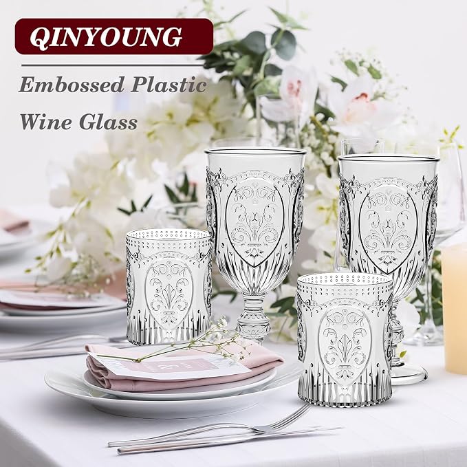 Qinyoung 12 Plastic Vintage Drinking Glasses 8.5oz Stemless Retro Embossed Wine - Image 7