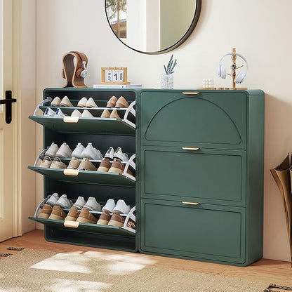 Narrow Hidden Shoe Organizer Cabinet Storage for Entryway, Modern Slim and Skinny Shoe Rack Cabinet with Flip Drawers for Entrance, Hallway - Green
