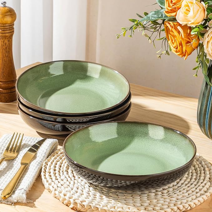 LERATIO 9.0" Ceramic Pasta Bowls Set of 4, 38oz Large Stoneware Bowls Set | - Image 5