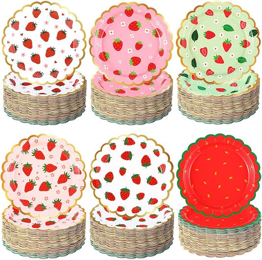 60 Pcs Strawberry Party Plates Berry First Birthday Disposable Flower Shaped Paper Plates 7 Inch Summer Fruit Dessert Dishes for Birthday Wedding Baby Shower Bachelorette Party Supplies