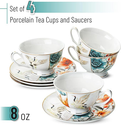 BTaT- Floral Tea Cups and Saucers Set of 4, Porcelain Tea Cup Sets - Image 2