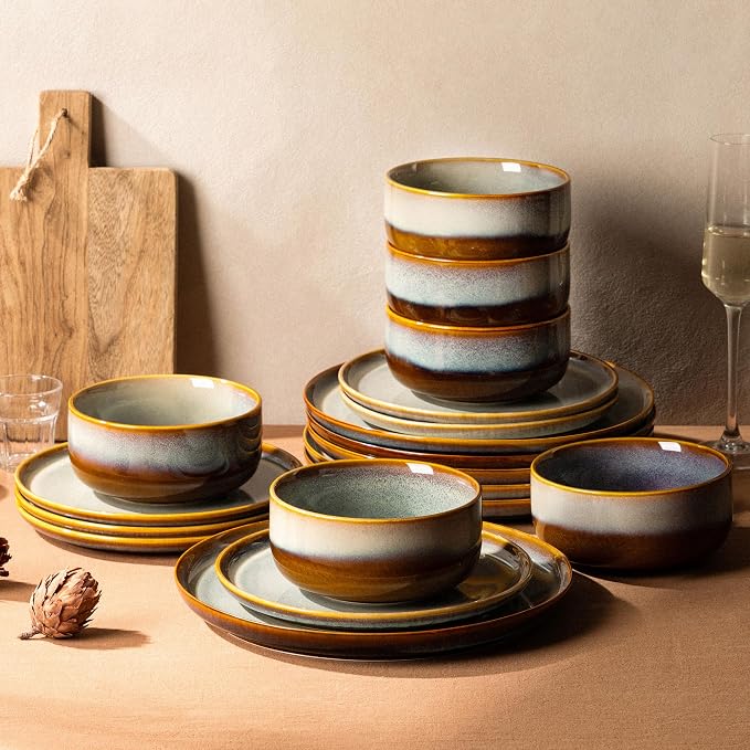 Ceramic Dinnerware Set for 6, 18-Piece Plates and Bowls Set | Handmade Reactive by TheTerra