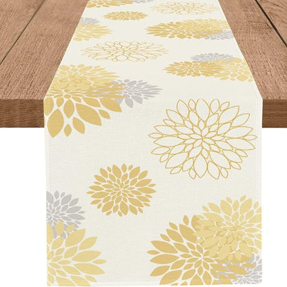 Yellow Gray Table Runner Dahlia Pinnata Flower Beige Table Runners Modern by WHOMEAF