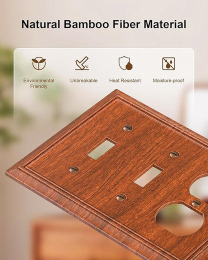 2-Pack Combo Double Toggle/Duplex Outlet Covers, Wood Grain Switch Plates and Outlet Covers, Natural Bamboo Fiber Wall Plates for Electrical Outlets, 3 Gang Receptacle Cover, Corrosion Resistant