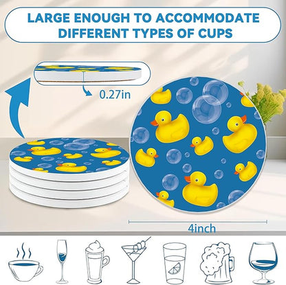 Drinks Coasters Set of 4, Yellow Duck Round 4" Cup Coasters, Absorbent Ceramic Stone Coasters with Cork Base, Cute Coasters for Table Home Décor, Ideal Gifts for Women Men