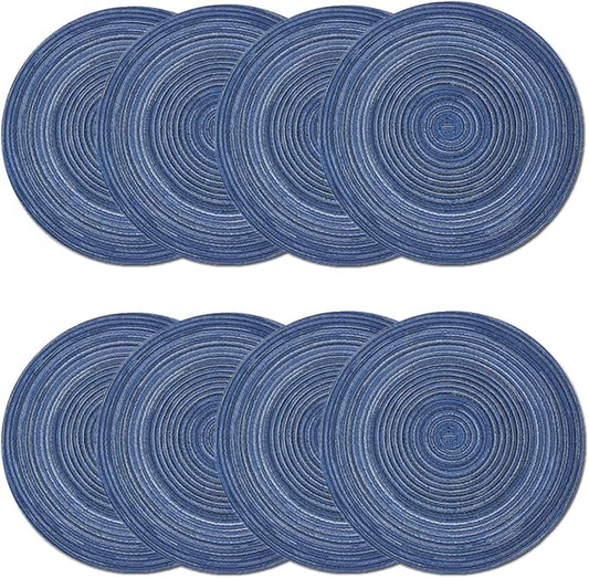 PIGCHCY Round Placemats Set of 8 Round Table Placemats Braided Cotton Place Mats 15 inch for Kitchen Dining Table Holiday Party (Blue)