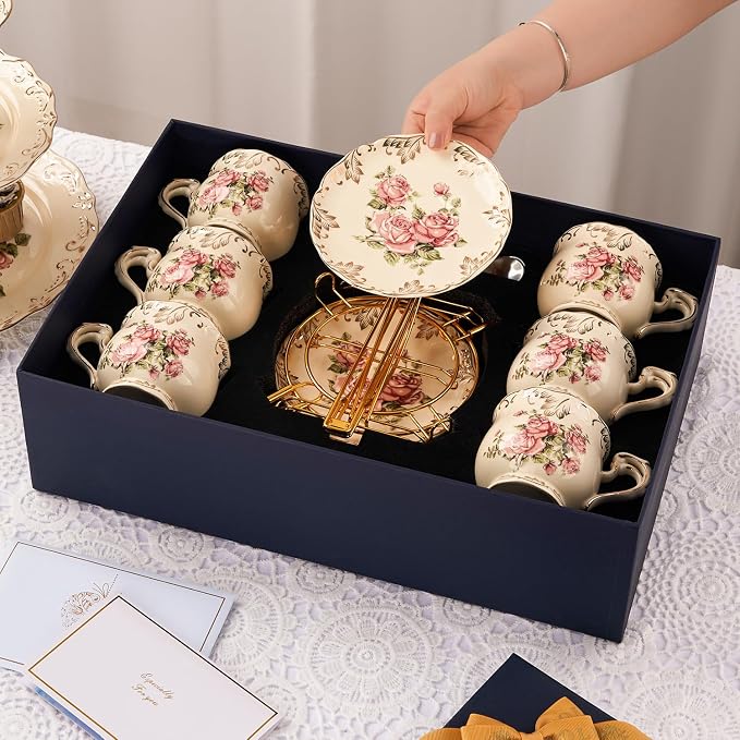 YOLIFE Tea Cups and Saucers Set of 6, 8 OZ Flowering Shrubs | Ivory Vintage - Image 7
