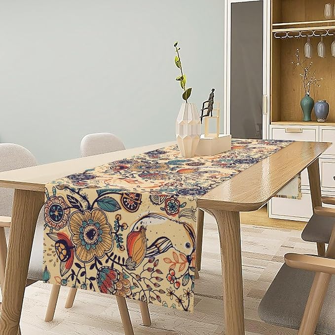 Vintage Paisley Table Runner, Boho Beige Paisley Flower Leaves Print Table - Image 2