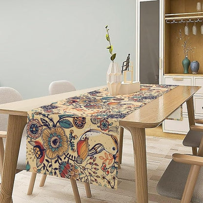 Vintage Paisley Table Runner, Boho Beige Paisley Flower Leaves Print Table - Image 2