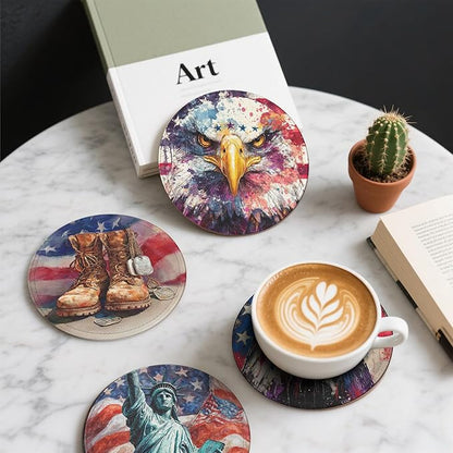 America Coasters Leather Round Drink Coasters 6 Pcs Set with Holderor for Cup Drink Coffee Table Bar Home Decor