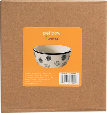 Pearhead Ceramic Dog Faces Dog Bowl, Holds 2 Cups, Stoneware Food and Water Dish for Dogs up to 20 lbs, Heavy Non-Slip Base, Small/Medium