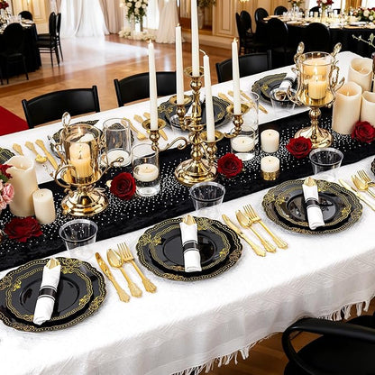 Ciaell 350 PCS Black Plastic Plates - Black and Gold Plates - Black Disposable Plates Include 100 Disposable Plate, 150 Heavy Duty Silverware, 50 Cups, 50 Napkins for Wedding & Party