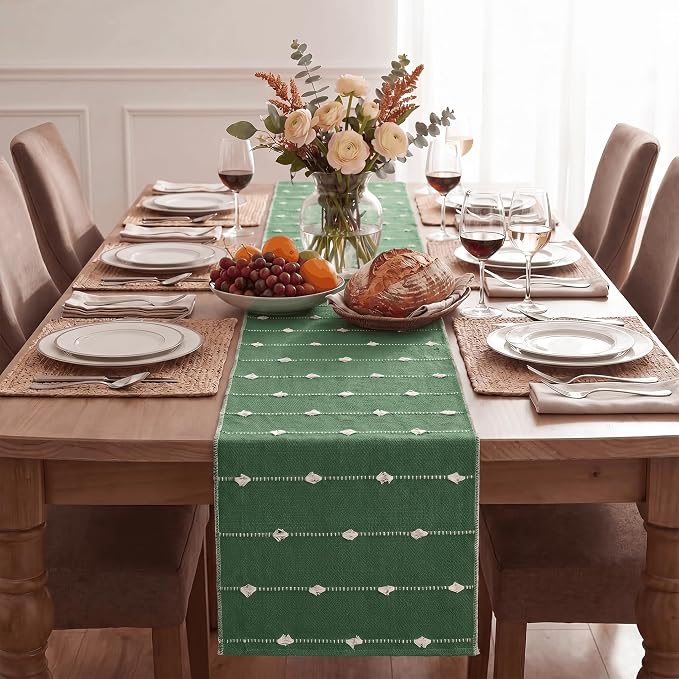 Artoid Mode Green Farbic Rustic Cotton Woven Table Runner, Farmhouse Christmas - Image 3