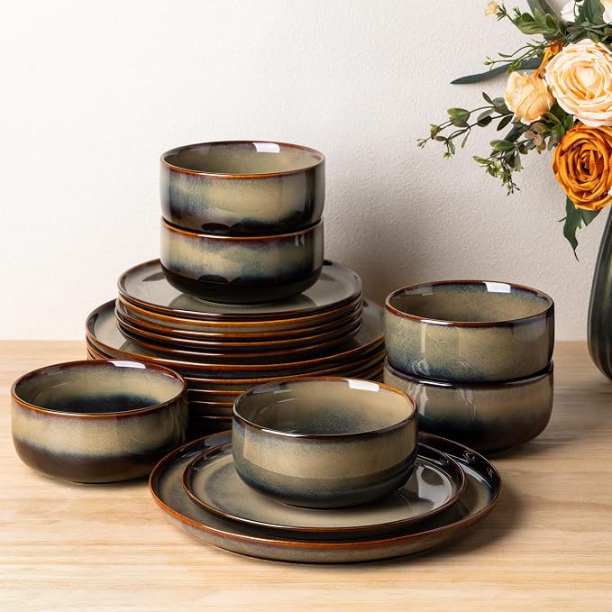 Ceramic Dinnerware Set for 6, 18-Piece Plates and Bowls Set | Handmade Reactive by TheTerra