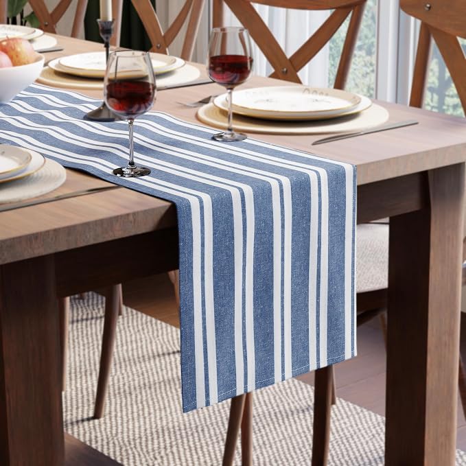 Encasa XO Table Runner, Woven Cotton Dining Runner 13"x48" Franca Blue Stripes by EncasaXO