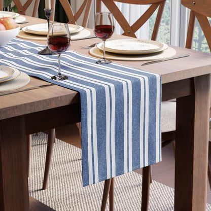 Encasa XO Table Runner, Woven Cotton Dining Runner 13"x48" Franca Blue Stripes by EncasaXO