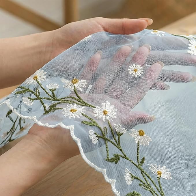 Artoid Mode Daisy Floral Sky Blue Shaped Gauze Embroidery Table Runner 120 Inch - Image 5