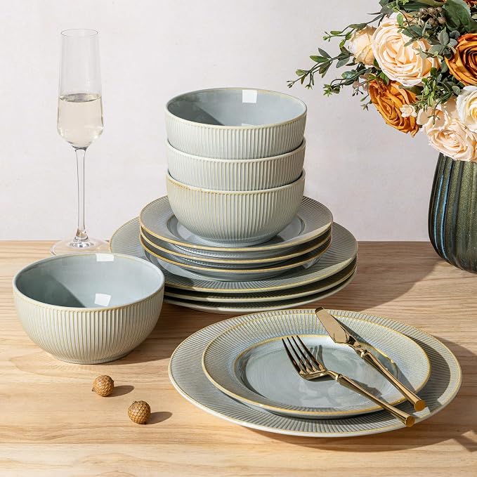 Ceramic Dinnerware Set for 4, 12-Piece Plates and Bowls Set | Lightweight by TheTerra